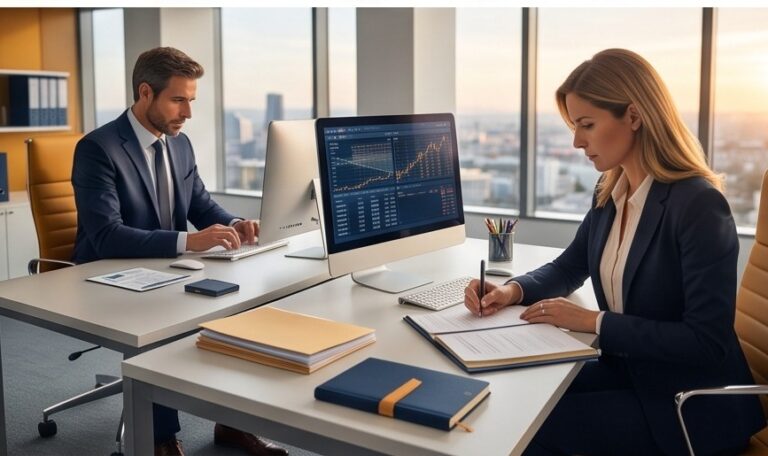 Equipo de asesoria fiscal trabajando en oficina en Madrid
