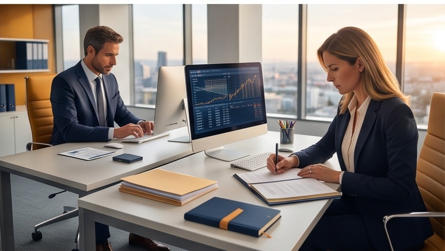 Equipo de asesoria fiscal trabajando en oficina en Madrid