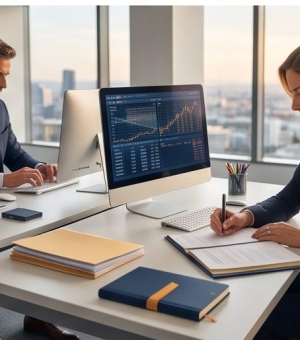 Equipo de asesoria fiscal trabajando en oficina en Madrid