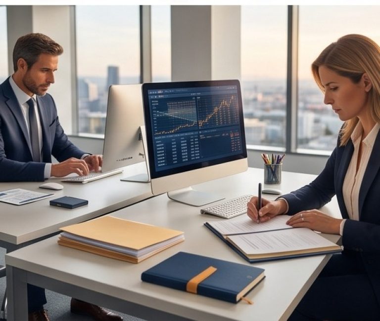 Equipo de asesoria fiscal trabajando en oficina en Madrid